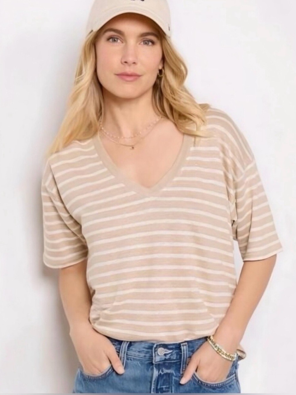 Faherty White & Tan Stripe Oceanside 100% Linen V Neck Tee Top Sz. XS